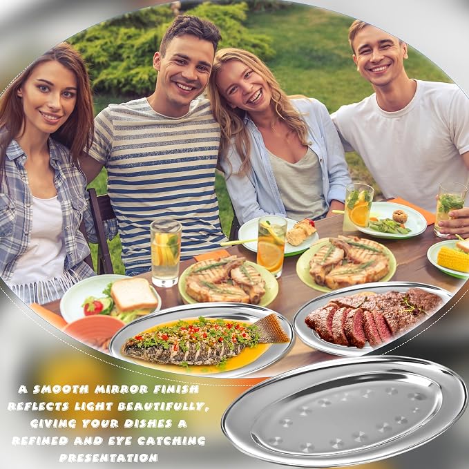9 Pcs Stainless Steel Oval Platter Heavy Duty Metal Oval Serving Tray Set - Image 7