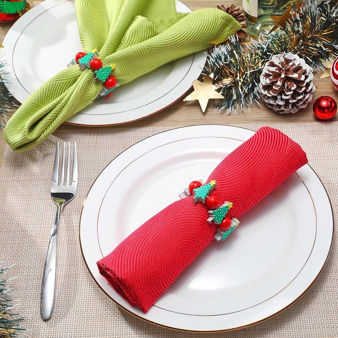 KPOSIYA Christmas Napkin Rings Set of 6, Xmas Tree Napkin Rings - Image 2