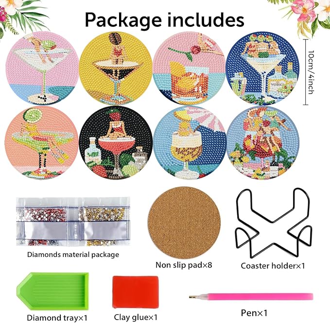 8 Pack Cocktails Diamond Art Coasters Kits- Diamond Painting Coasters Kit | - Image 3