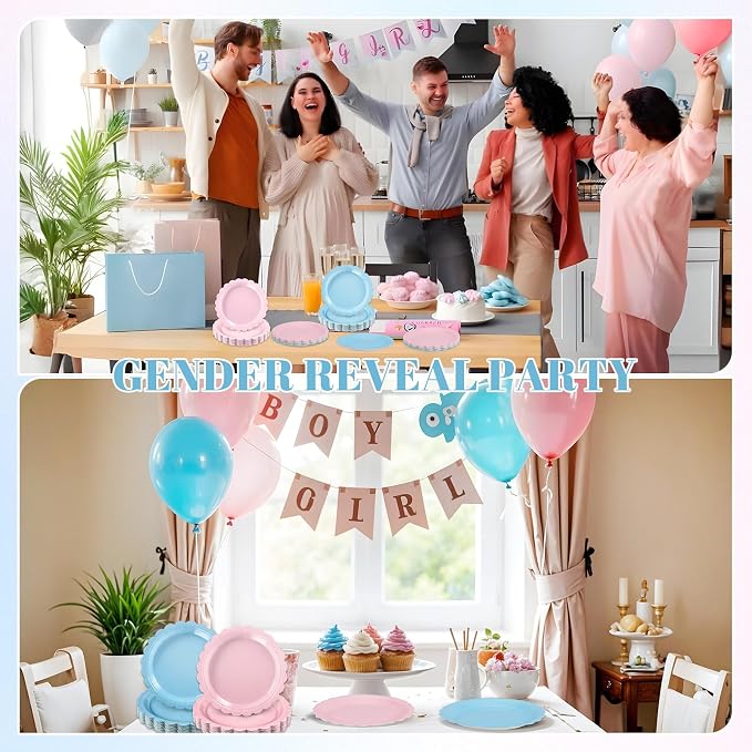 NatNarr 30 Pcs Gender Reveal Plates, 9 Inch Pink Blue Paper Plates | Scalloped - Image 6