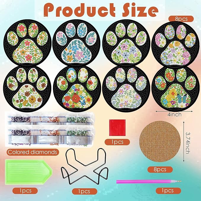 ijbnhd 8 Pcs Flower Diamond Art Coasters Kits 4x4 inch | Dog Paw Diamond - Image 3