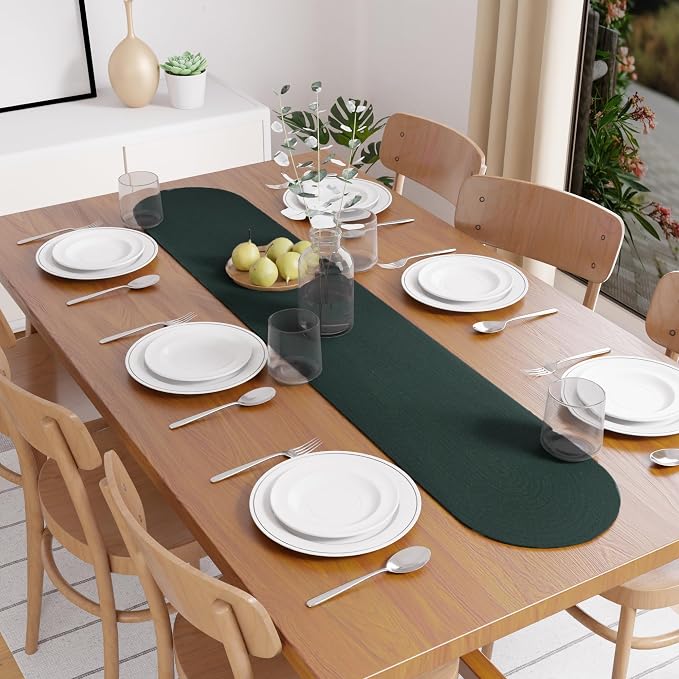 Encasa XO Dining Table Runner, Handmade Ribbed Cotton 12"x54" Dark Green | 100% - Image 3