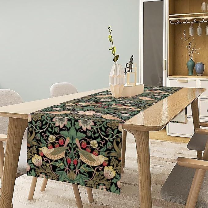 William Morris Floral Table Runner, Vintage Flowers Green Botanical Printed - Image 2
