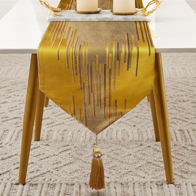 Luxury Elegant Gold Table Runner 120 Inches Long, Modern Geometry, Tassels | - Image 2