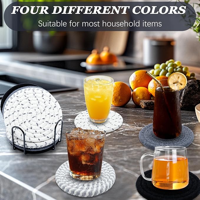 8 Pcs Drink Coasters, Minimalist Cotton Woven Coaster Set, 4 Colors Absorbent - Image 6