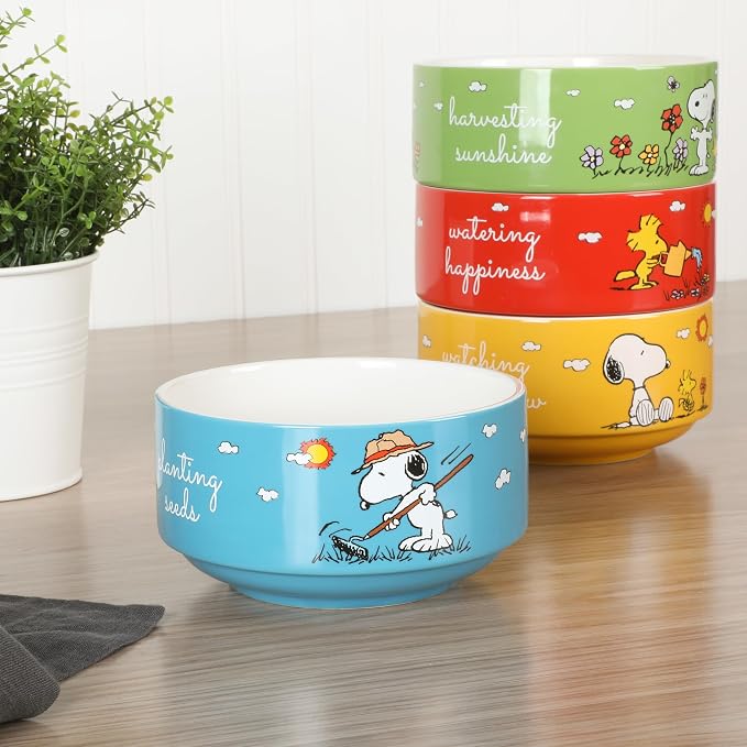 Peanuts Snoopy 5.5-Inch Decorated Stoneware Bowls, Stackable 4-Pack Bowl Set - Image 3