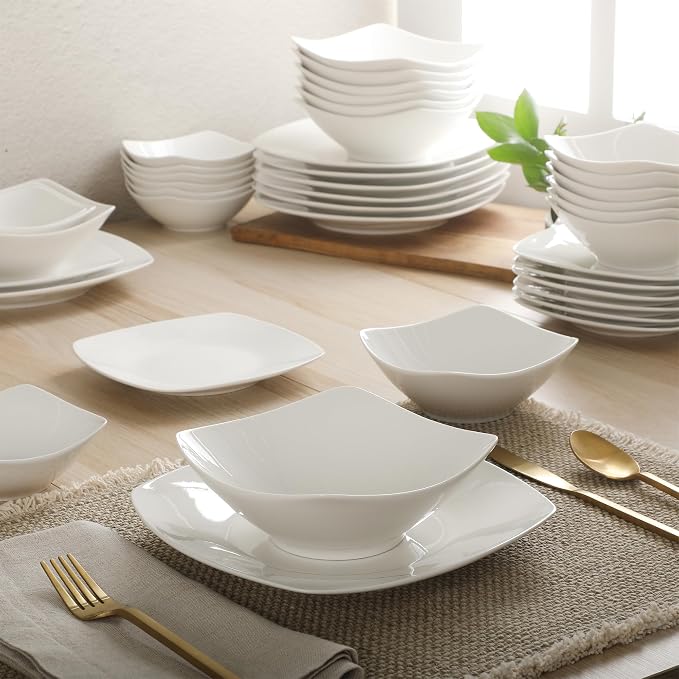 Gibson Home Brentwood 40-Piece Dinnerware Set – Square White Porcelain Plates - Image 5