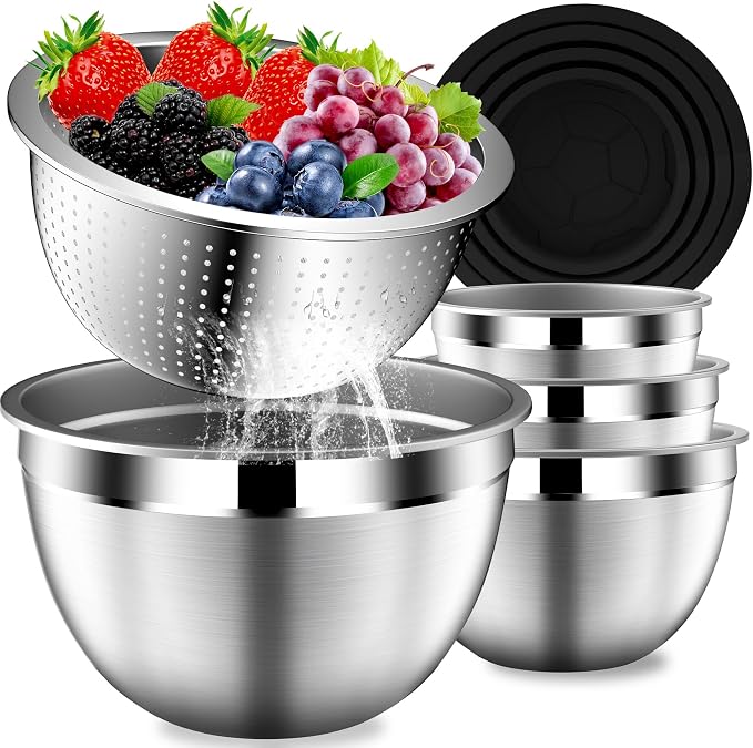 DUTZUN Mixing Bowls with Lids Set, Stainless Steel Mixing Bowls with Colander by DUTZUN