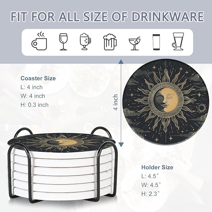 Drink Coasters Set of 6 with Holder, Fit All Cups, Great Gift - Image 2