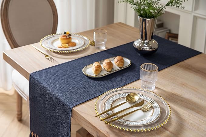 Navy Table Runners 36 Inches Long, Burlap Linen Style Rustic Farmhouse Table - Image 4