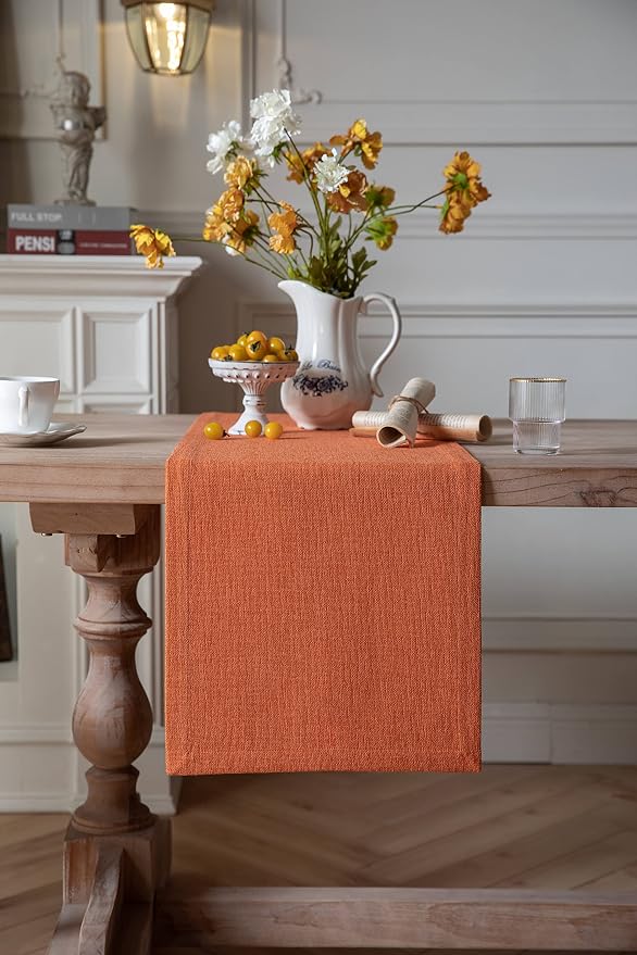 Burlap Style Farmhouse Table Runner, 14x108 Inches Harvest Pumpkin | Thick - Image 2