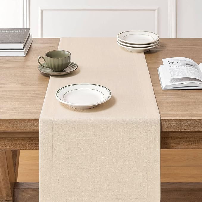 Linen Textured Border Table Runner, 14 x 72 Inch Cream | Mitered Corner Design - Image 3