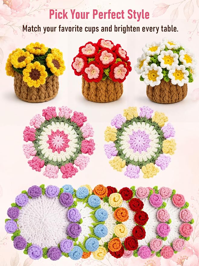 Crochet Flower Bouquet Coasters, Cotton Sunflower Gifts - Image 9