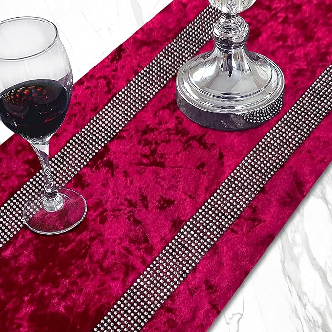 Glam Burgundy Table Runner, Bling Sequin Rhinestone, Ombre Velvet, Double-Layer - Image 2