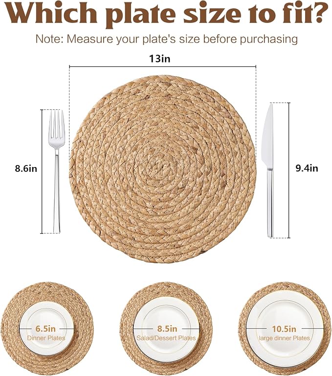 Aofmee 13 inch Round Woven Placemats Set of 6, Boho Rattan Place Mats, Natural - Image 2