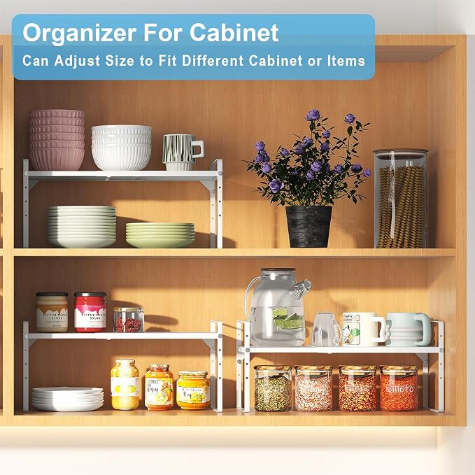 Set of 2 Expandable Cabinet Shelf Organizer, Stackable Kitchen Countertop - Image 7