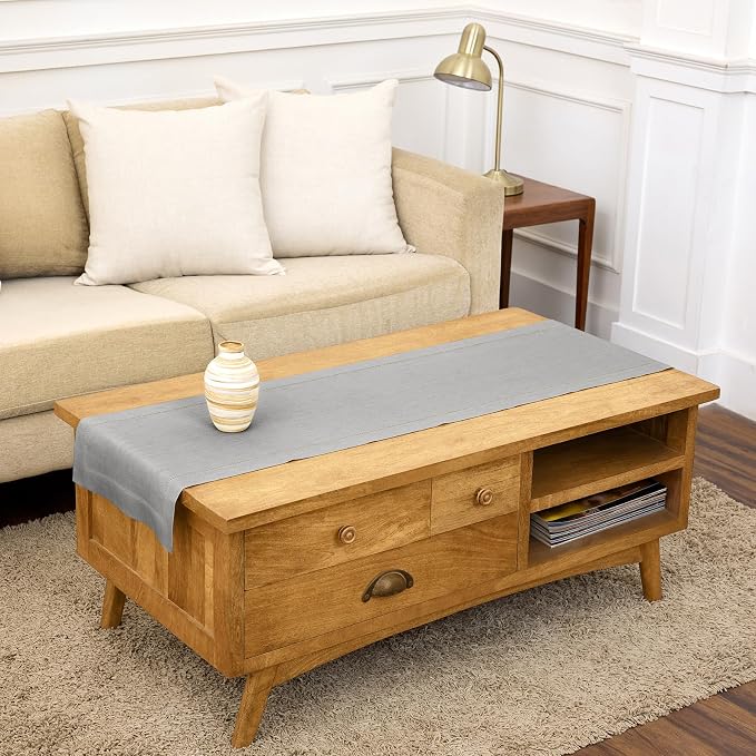 Solino Home 100% Pure Linen Table Runner Grey, Classic Hemstitch 14 x 48 in | by SolinoHome