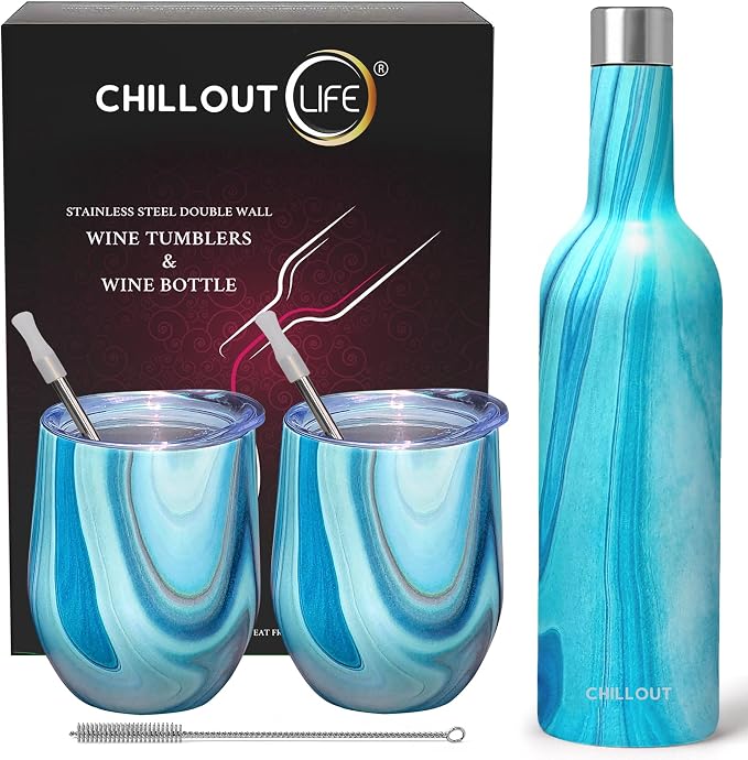 CHILLOUT LIFE 12 oz Stainless Steel Wine Tumblers 2 Pack & 1 Insulated Wine by CHILLOUTLIFE