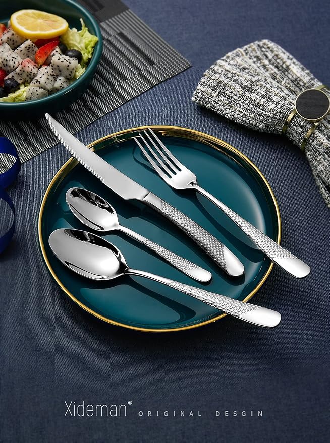16-Piece Modern Hammered 18/10 Stainless Steel Silverware Set | Ultra Sharp - Image 2