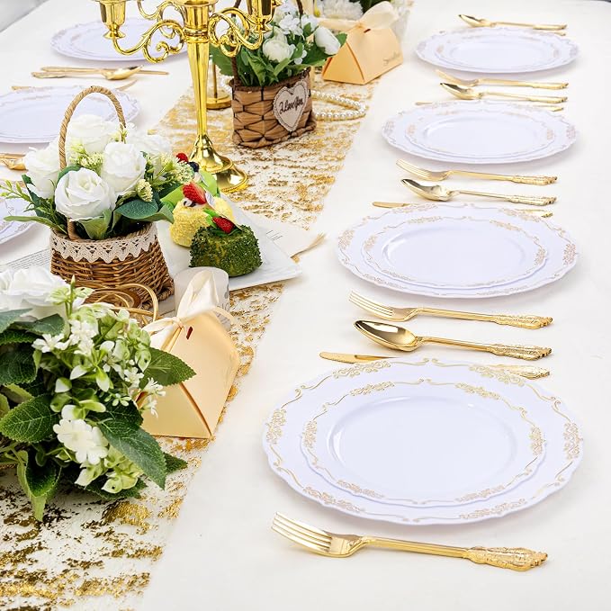 DaYammi 60PCS White and Gold Plastic Plates - Image 6