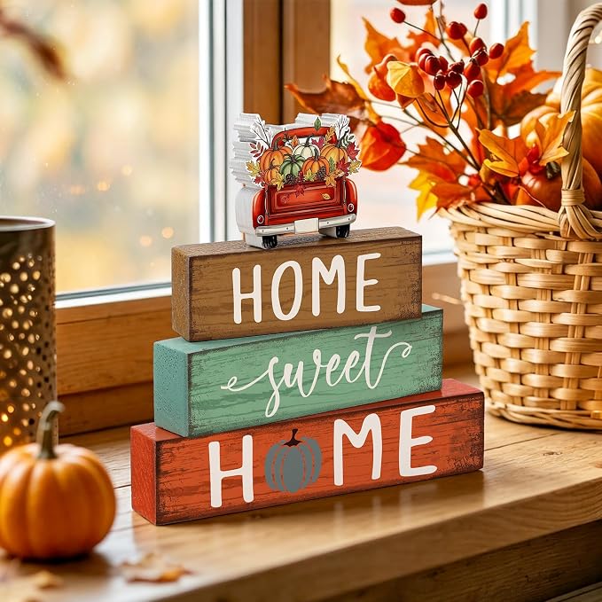 Cinnvoice 4 Pcs Fall Truck Pumpkin Wooden Block Decor Farmhouse Tiered Tray - Image 6