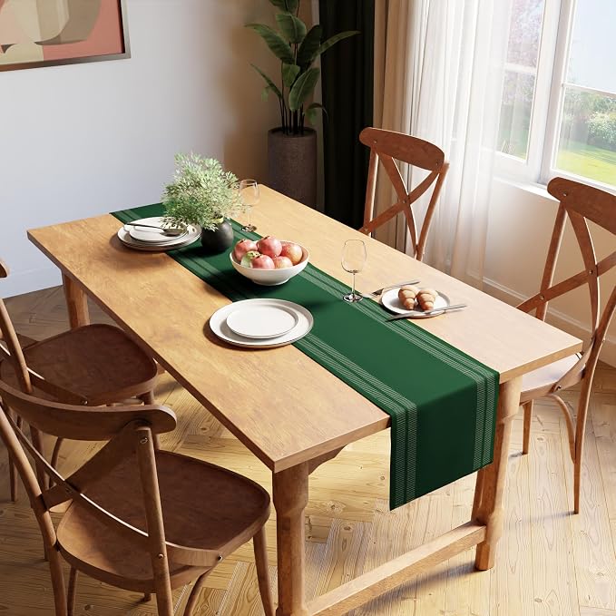 Encasa XO Table Runner, Yarn Dyed Ribbed Cotton 13"x59" | Ladder Dk Green - Image 2