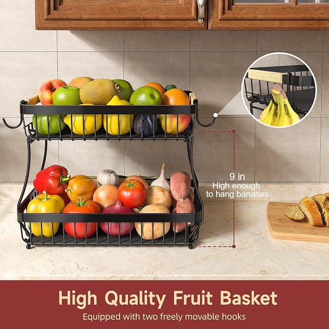 3-Tier Fruit Basket with Banana Hangers, Detachable Metal Bowl | Wooden handle - Image 3