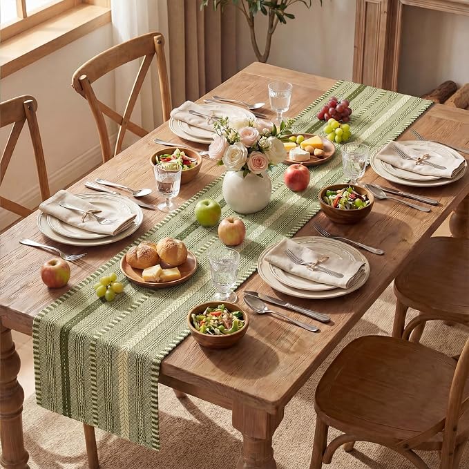 Artoid Mode Army Green Farmhouse Stripe Braided Table Runner 12x60 Inch | - Image 5