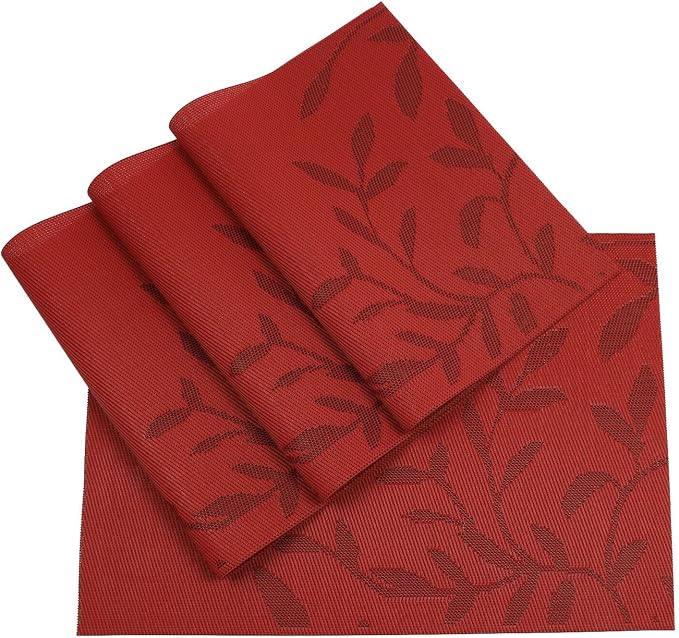 SHACOS Woven Vinyl Placemats Set of 8 Red Leaf Pattern Wipeable Place Mats - Image 5