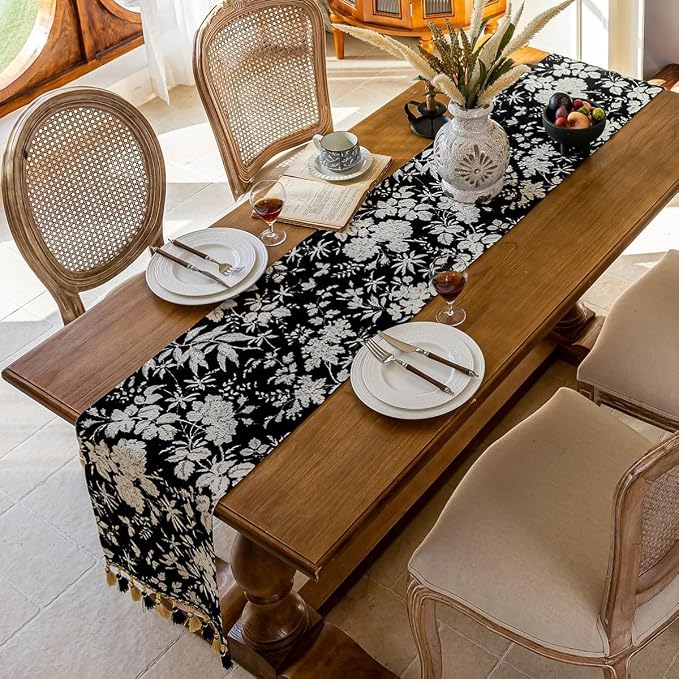 Floral Botanical Table Runner 13 x 48 Inch Black | Jacquard Flower, - Image 4