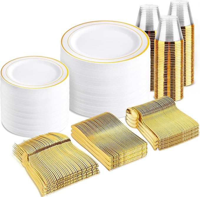 bUCLA 600Pcs White and Gold Plastic Plates by BUCLA