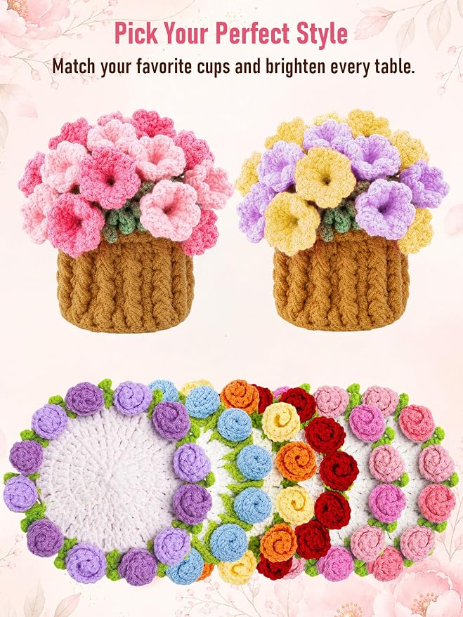 Crochet Flower Bouquet Coasters, Cotton Tulip Gifts - Image 9