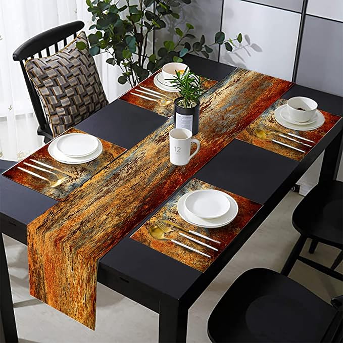 Brown Rust Table Runner and Placemats Set of 6, Linen 108" Long | Abstract - Image 5