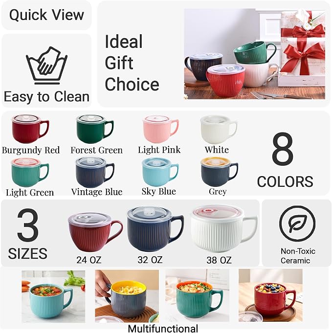 Ceramic Soup Bowl with Handle & Lid, 32oz Microwave Ramen Bowl Set of 2 | Blue - Image 5