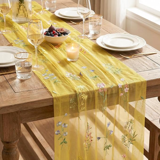 Artoid Mode Wildflower Floral Yellow Gauze Embroidery Table Runner 120 Inch 10FT - Image 7