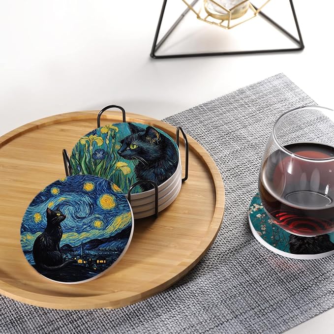 Drink Coasters for Drinks Set of 6, Art and Black Cat Absorbent Round Ceramic - Image 5