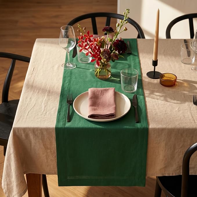 Solino Home 100% Pure Linen Table Runner Pine Green, Fete 14 x 108 in Long | by SolinoHome