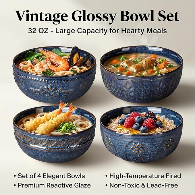 Soup Bowls 32 OZ, Cereal Bowls Set of 4, Embossment Ceramic Ramen Bowls - Image 3