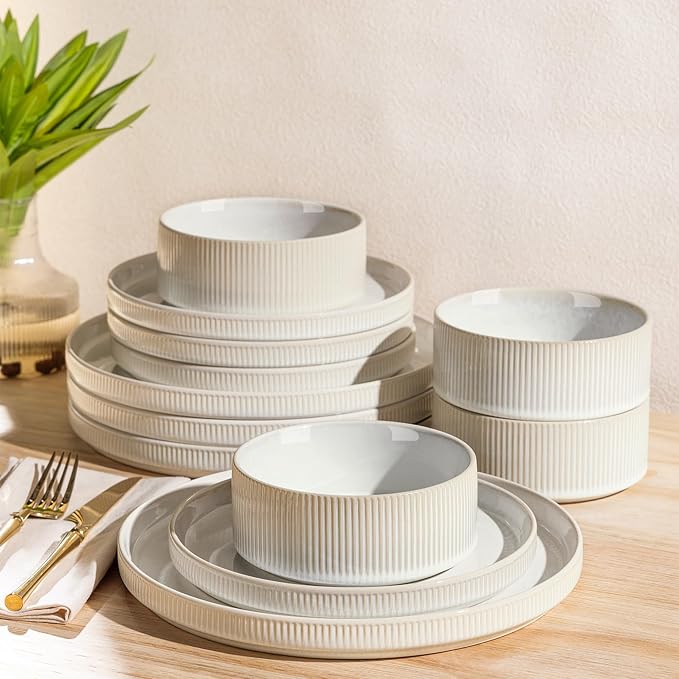 Ceramic Dinnerware Set for 4, 12-Piece Plates and Bowls Set | Lightweight by TheTerra
