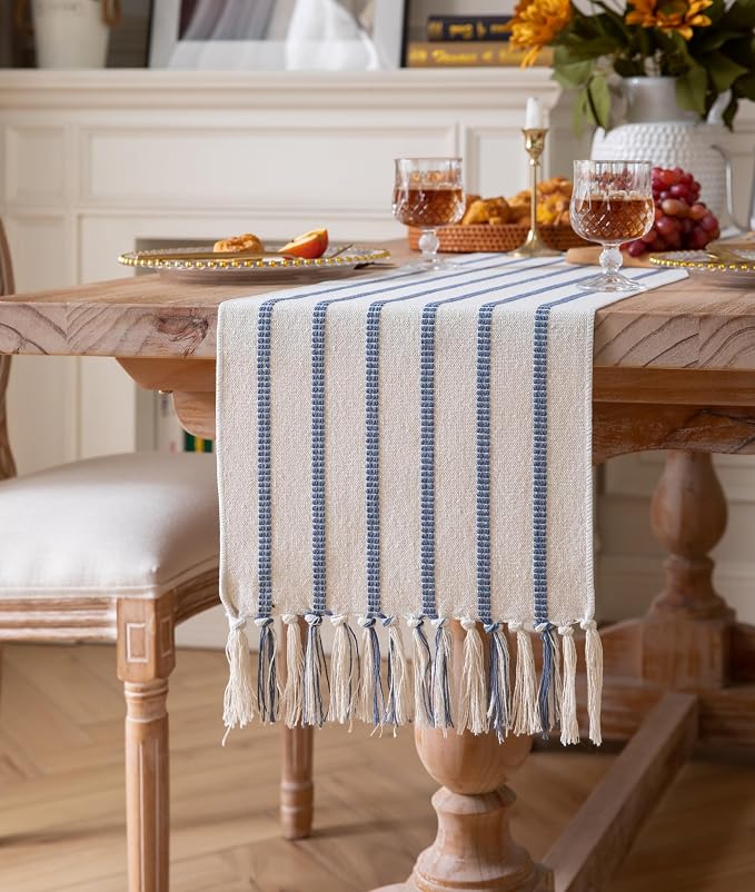 Caflife Boho Table Runner 72 Inchs Long Blue and Beige, Cotton and Linen Woven - Image 2