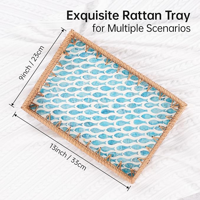 Rectangle Rattan Tray with Mother of Pearl Inlay, Rattan Serving Tray with - Image 9