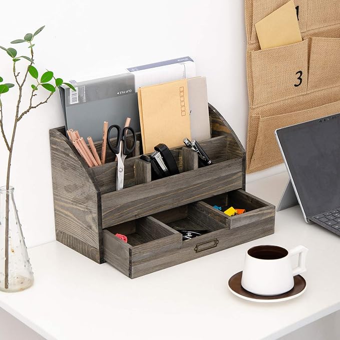 canwedance Distressed Rustic Wooden Office Desk Organizer 5 Compartment - Image 6