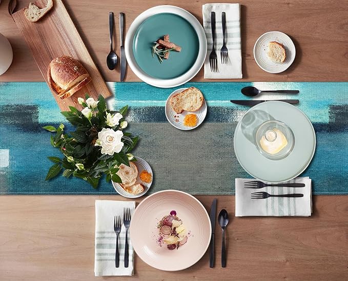 Emvency Table Runner, 13x90 Inch, Abstract Modern Farmhouse | Teal Grey Dining - Image 5