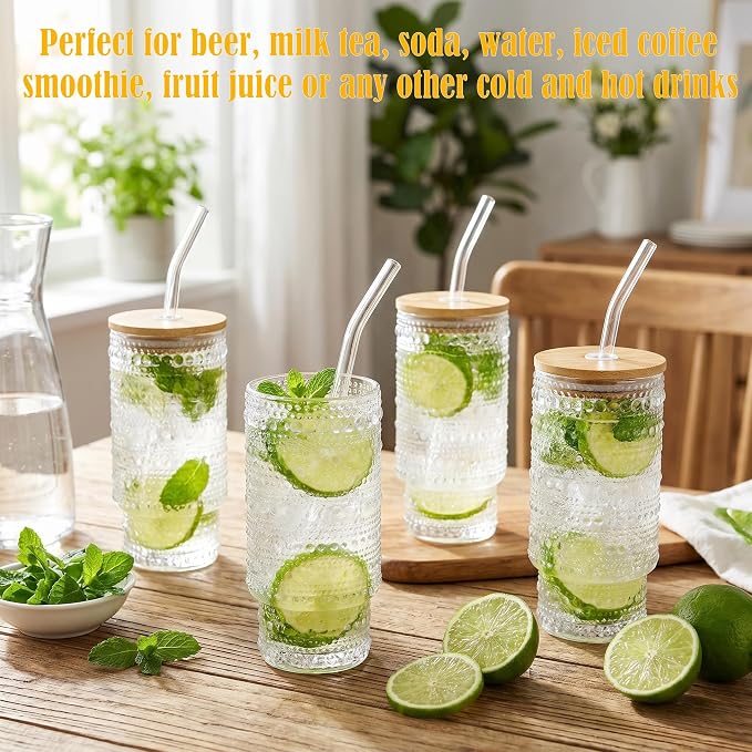 Glass Cups with Lids and Straws 16 oz Ribbed Drinking Glasses Set | Vintage - Image 6