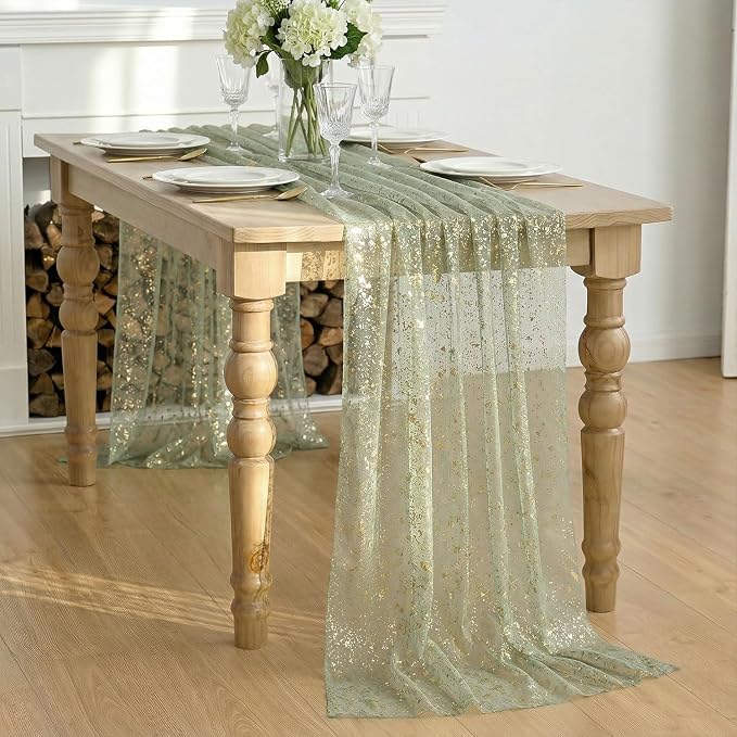 Artoid Mode Sage Green Gold Gauze Table Runner 59x120 Inch 10FT, Glitter - Image 2