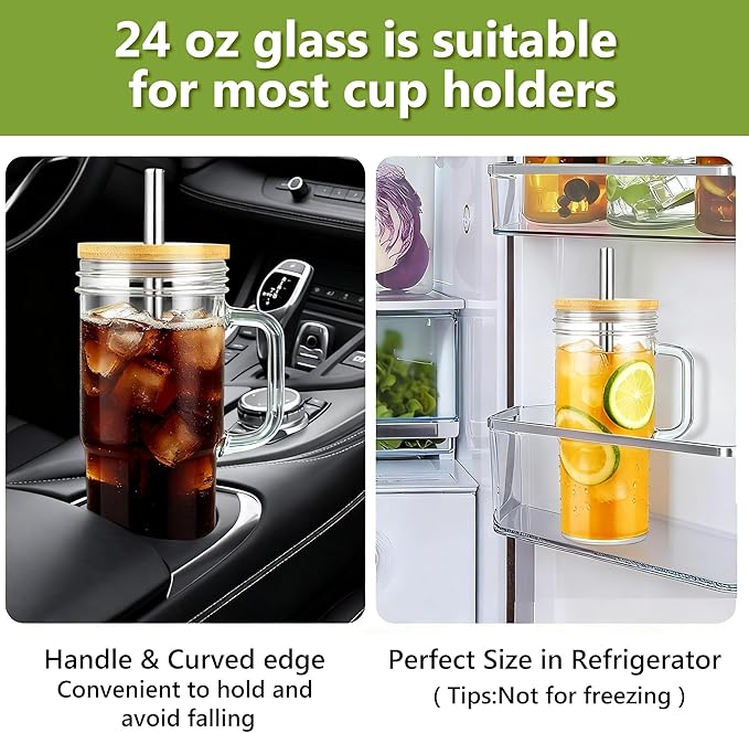 Birity Glass Cups with Lids and Straws, 24oz Glass Tumbler With Handle - Image 2