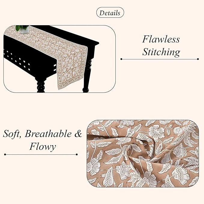 Oak Brown Hand Block Print 100% Cotton Reusable Table Runner 16" X 70" Inches - Image 2