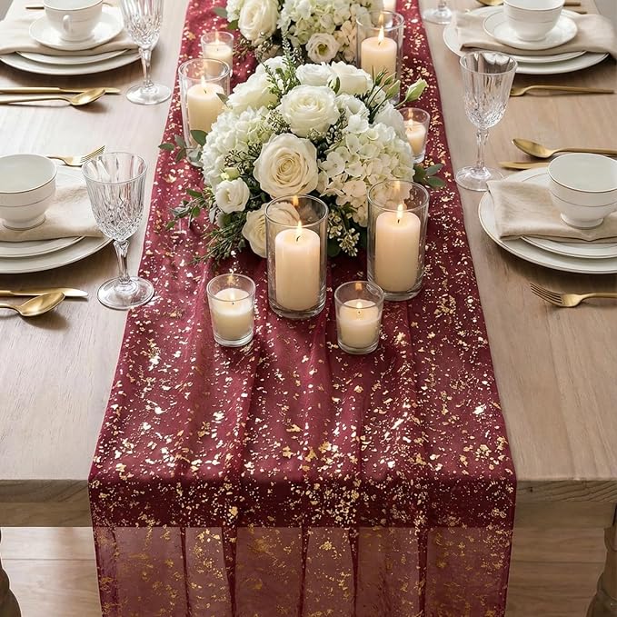 Artoid Mode Burgundy Gold Gauze Table Runner 120 Inch 10FT, Glitter Metallic - Image 4