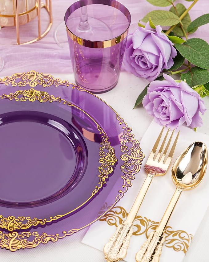 Nervure 175Pcs Clear Purple Plastic Plates, Dinnerware Set - Image 2