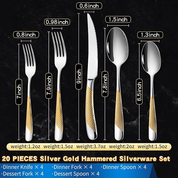 20-Piece Hammered Silver Gold Silverware Set - Image 3